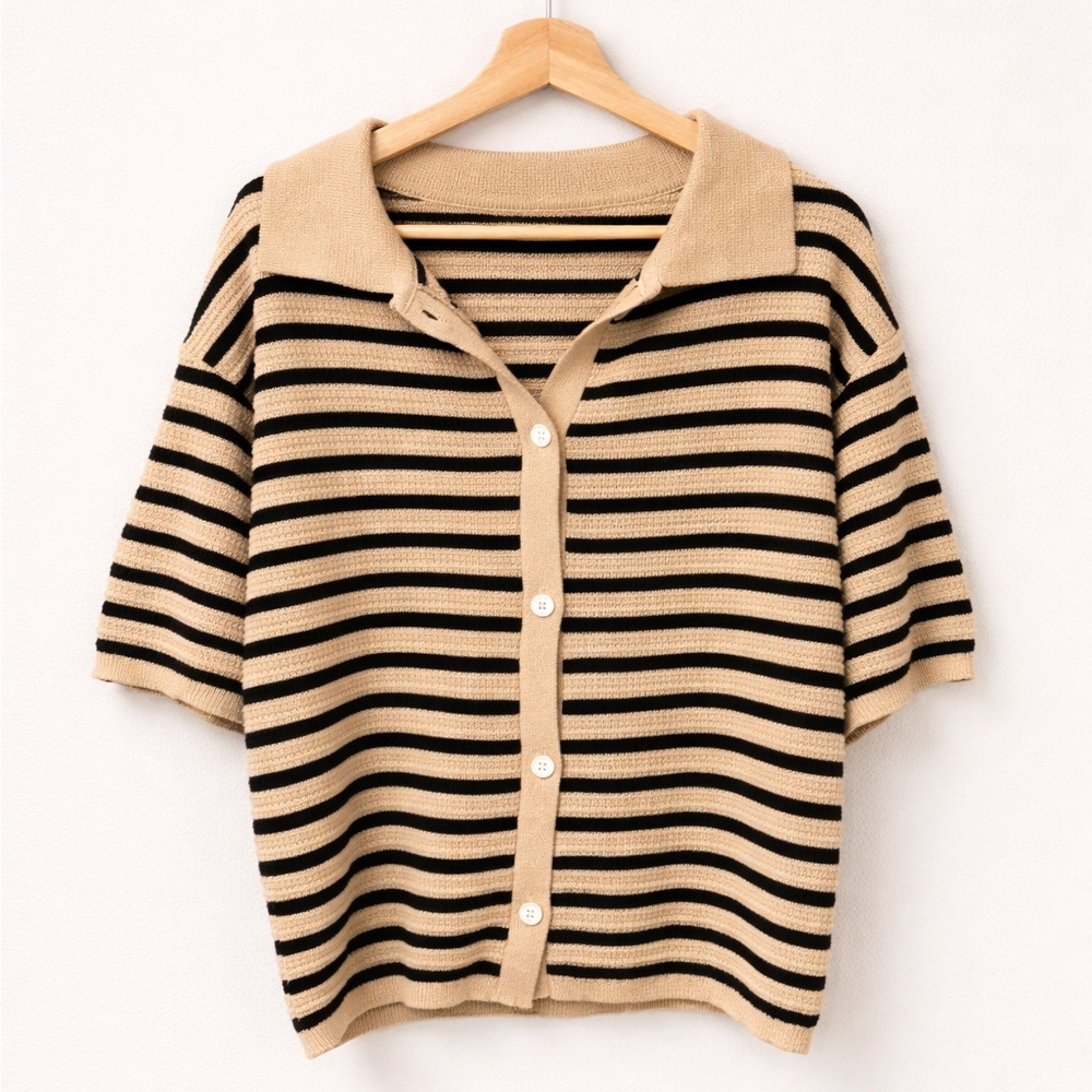 Striped Button-Front Knit Polo Set in Beige and Black - Picture 2 of 4